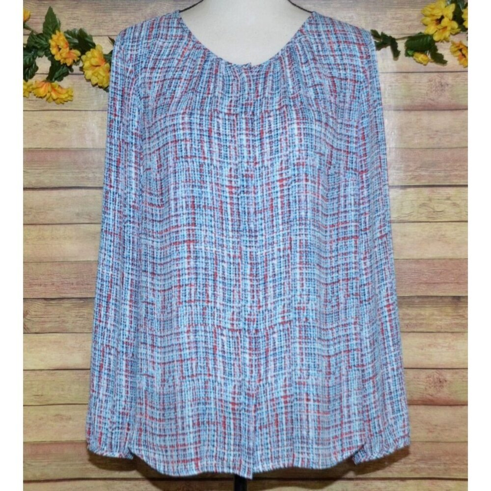 Talbots Mod Plaid Tweed Print Multicolor Blouse Top Ladies L Career Classic